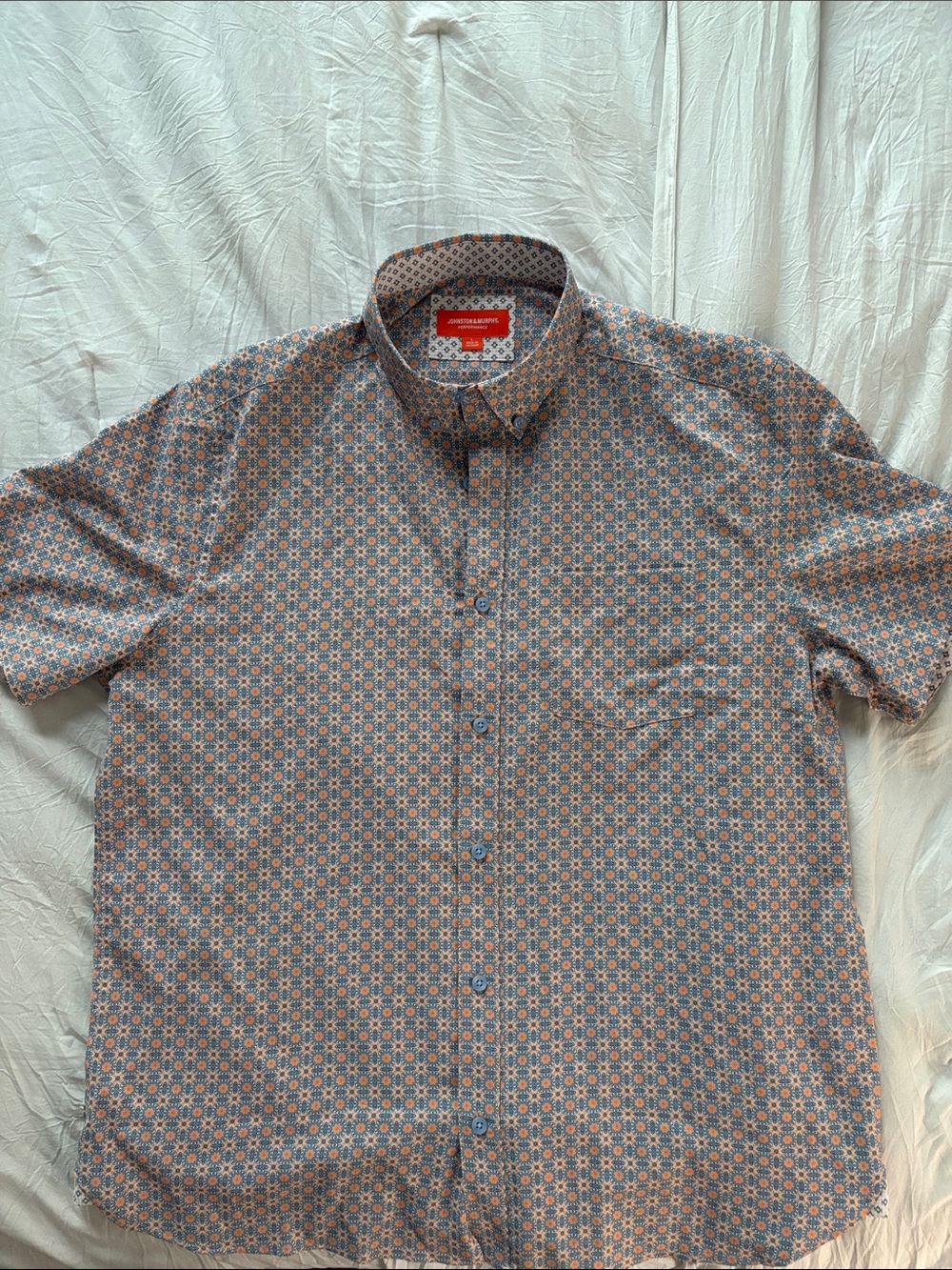 Johnston & Murphy Short-Sleeve Geo Print Button-Down — Blue & Orange Size L